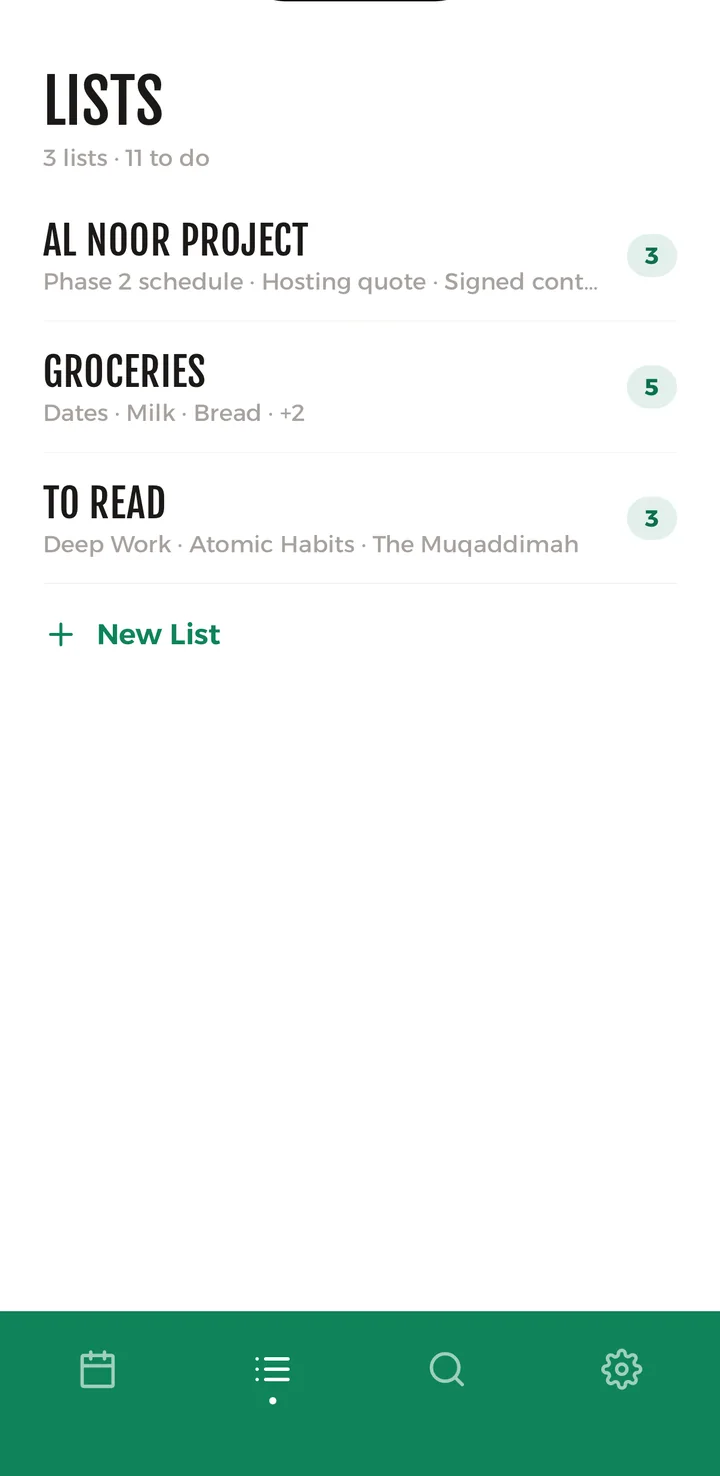 The lists on iPhone: Al Noor project, Groceries, To read
