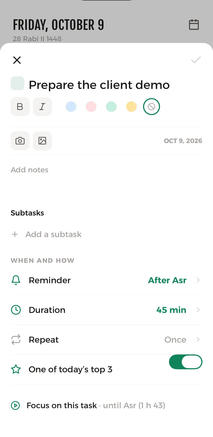 The same task’s sheet on iPhone: “Prepare the client demo”, its reminder, its length