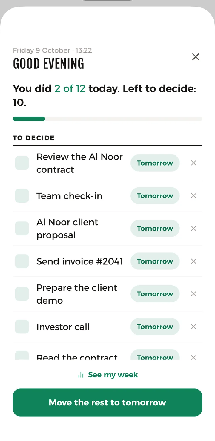 Closing the day on iPhone: what you did, and each open task going to tomorrow
