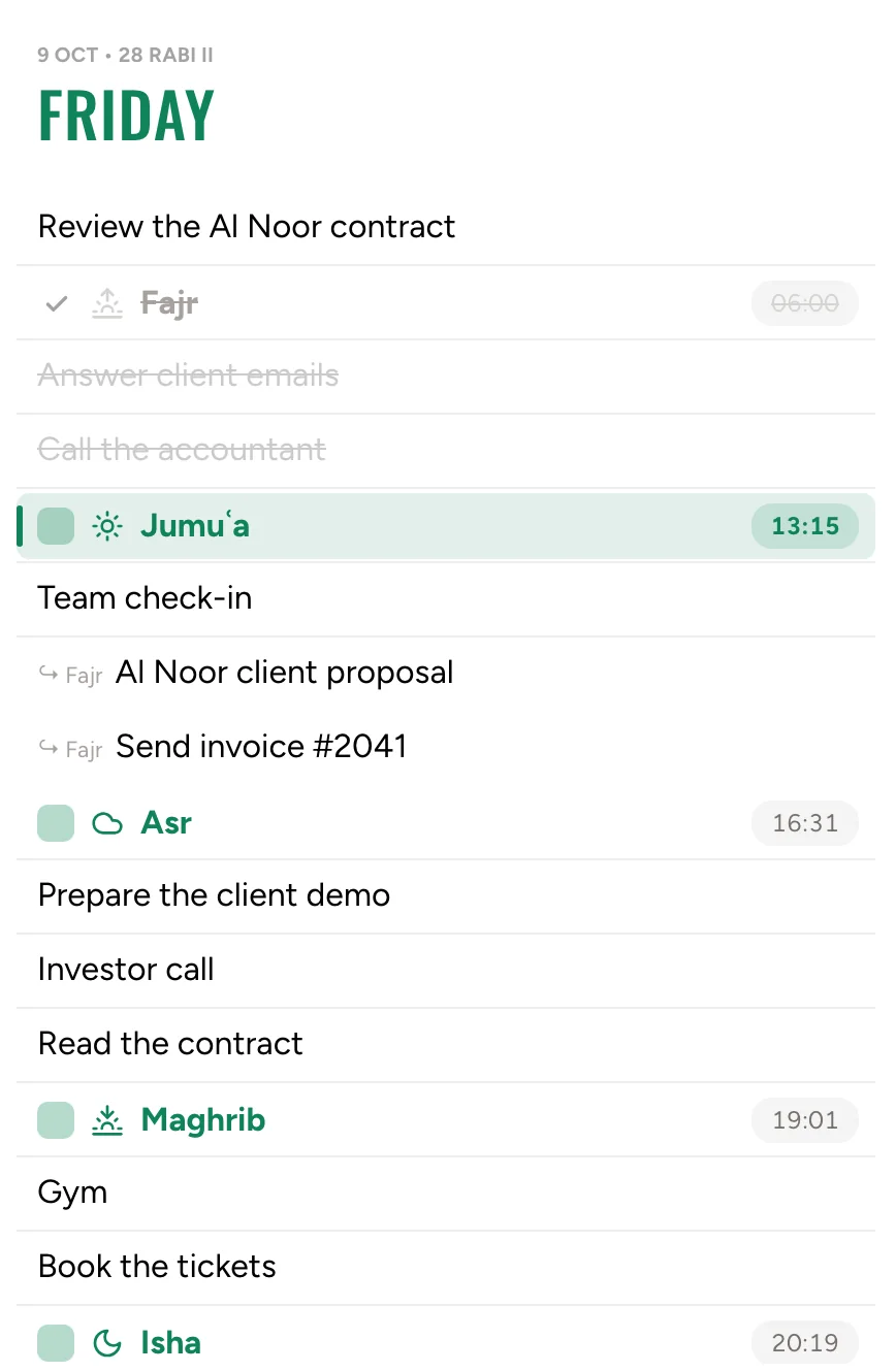 Friday’s column in the web app: two tasks slid from Fajr, Jumuʿa under way, a task added after Asr