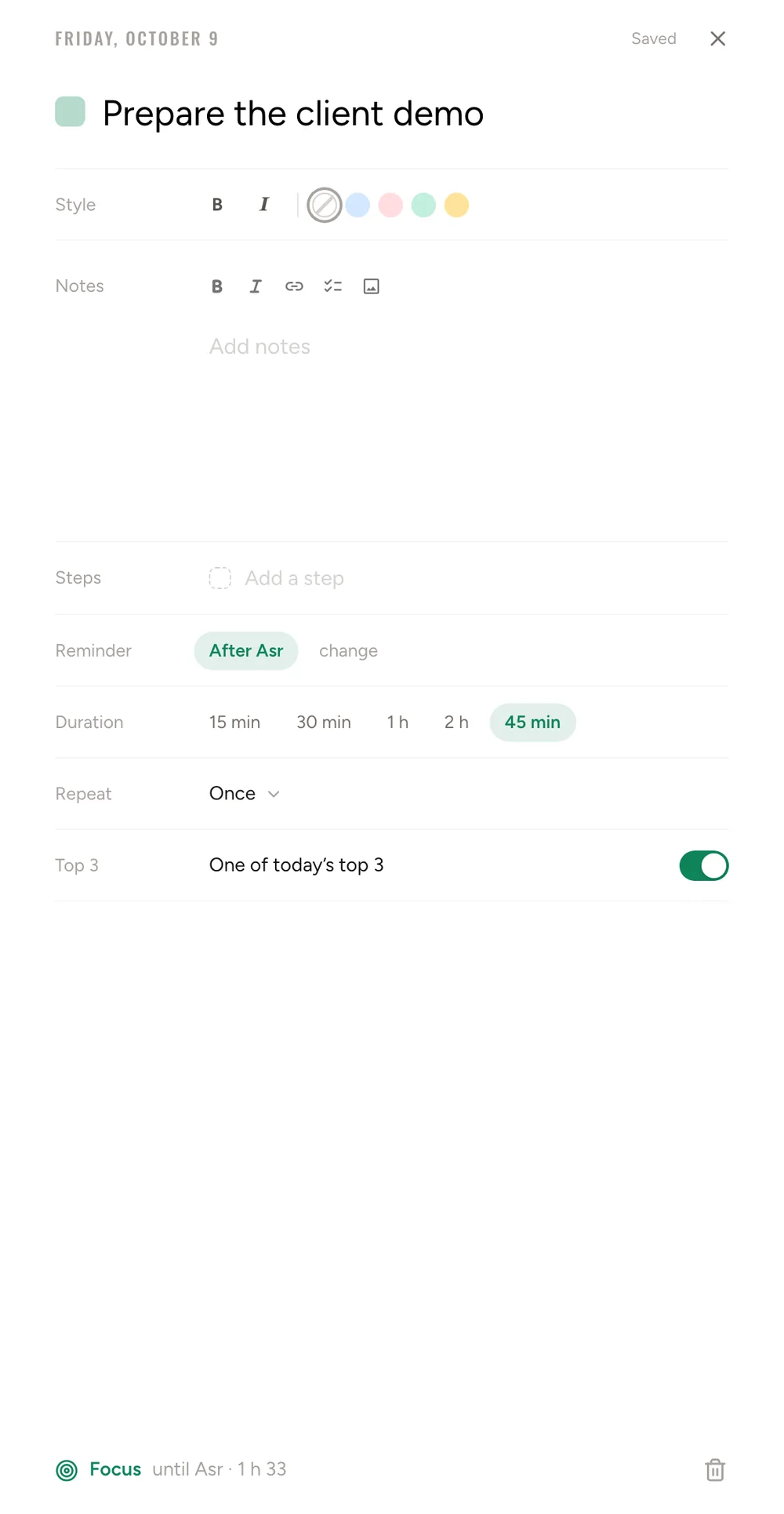 A task’s panel in the web app: “Prepare the client demo”, a reminder after Asr, a 45 min length, one of today’s top 3, Focus until Asr