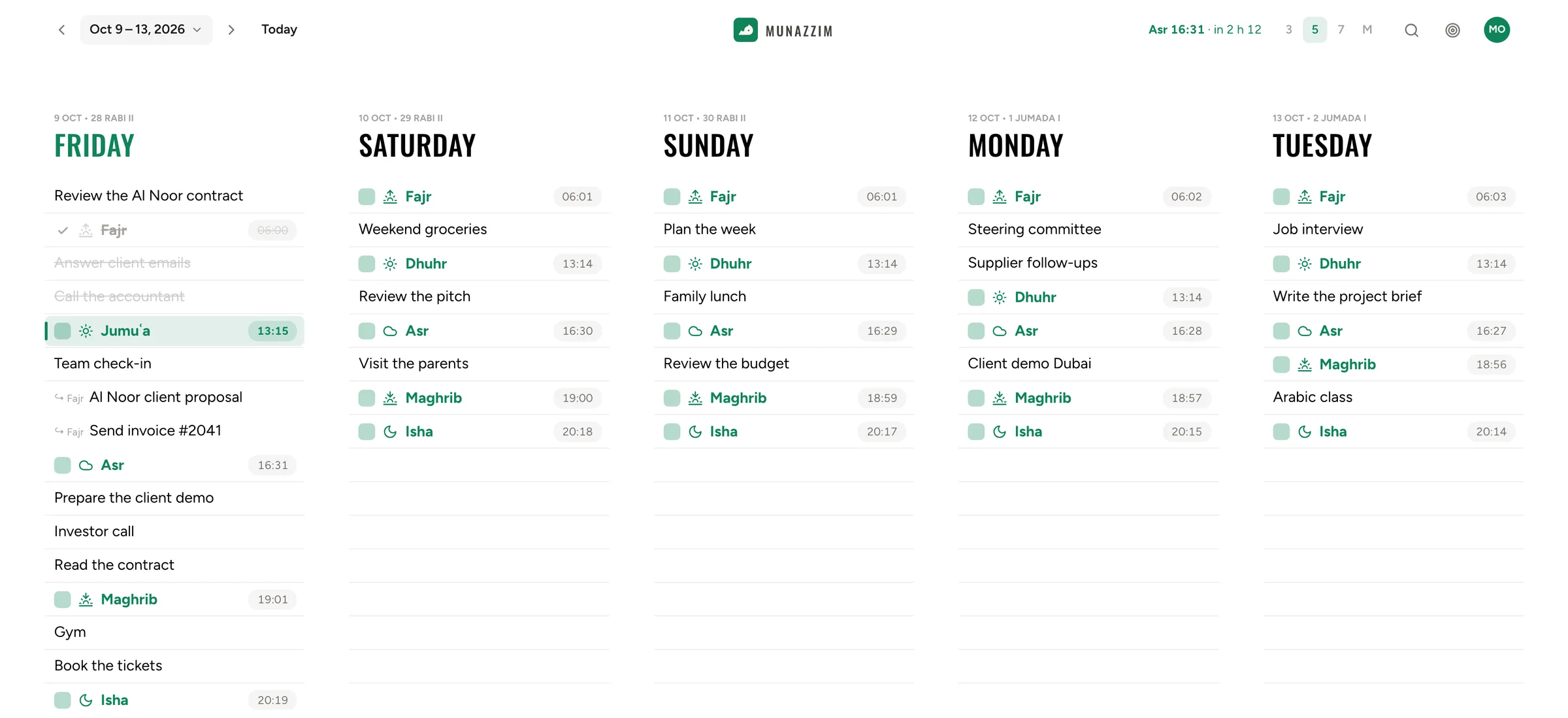 The Munazzim web app, 5-day view: Friday with Jumuʿa under way and the tasks between the prayers, then Saturday to Tuesday