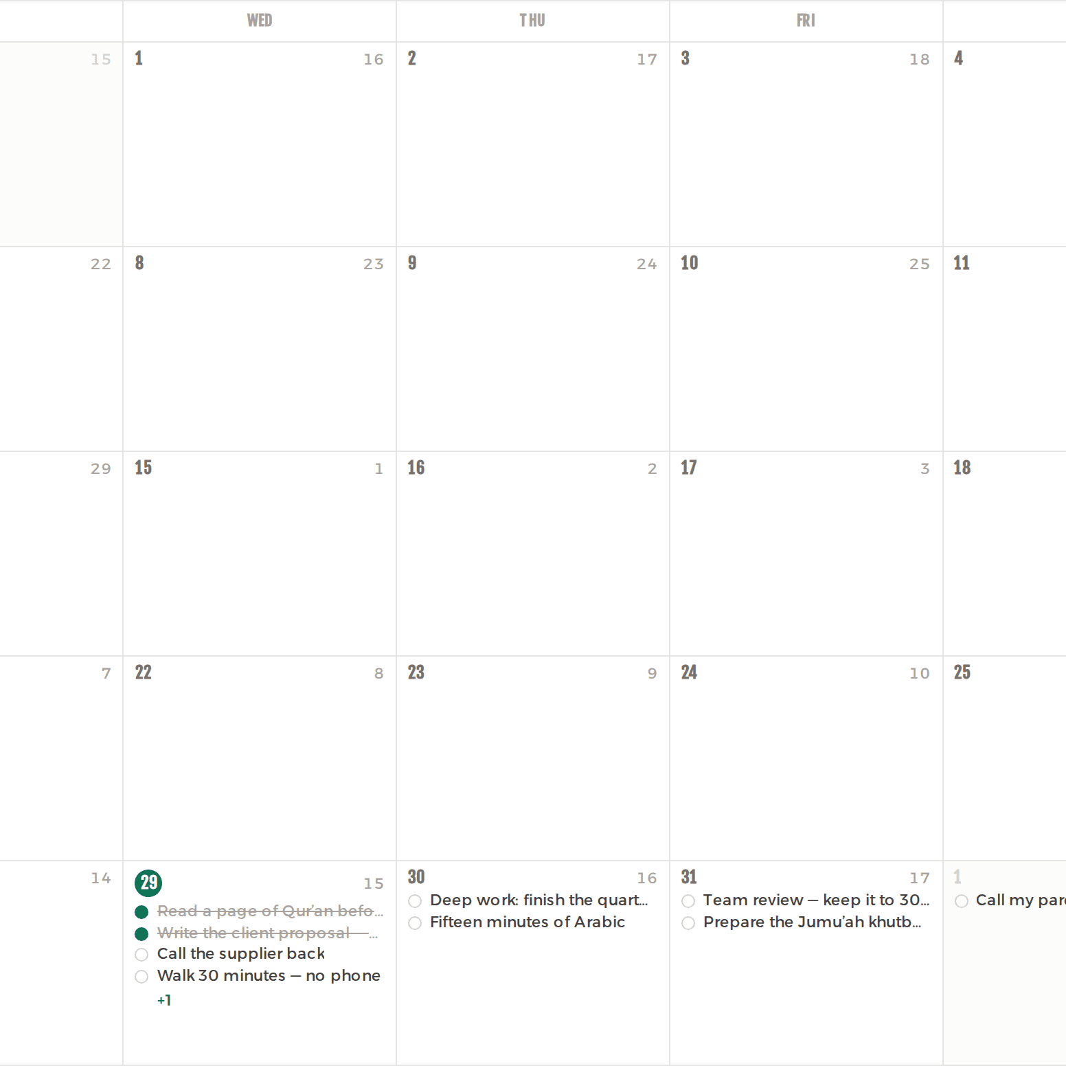 A month grid showing the Gregorian and the Hijri date in every cell