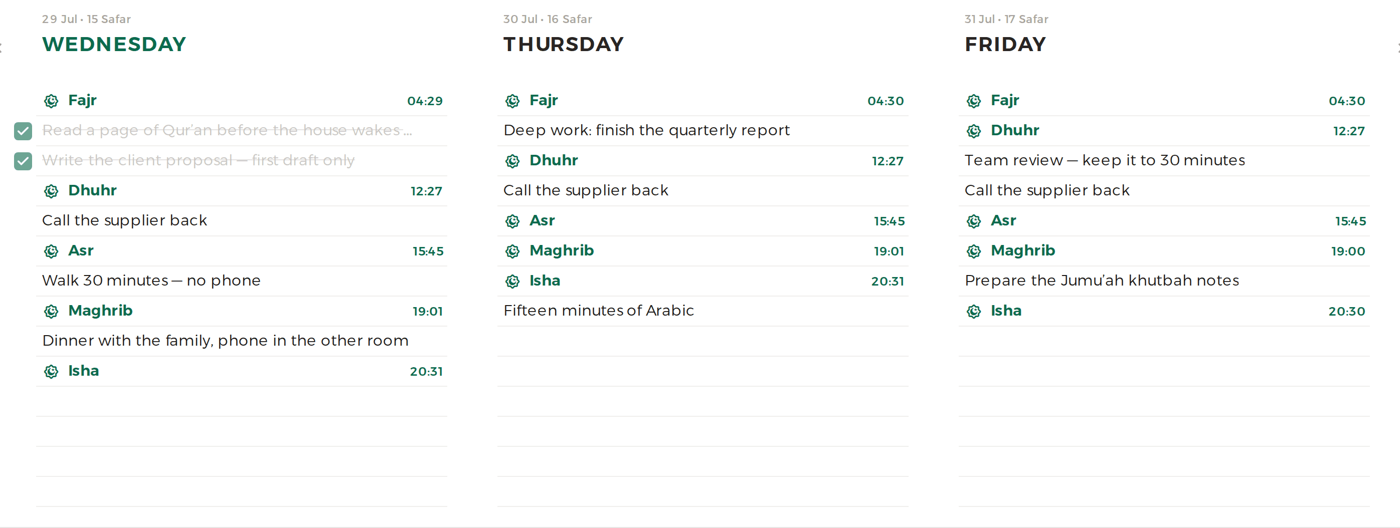 The same task standing on Wednesday, Thursday and Friday after being set to repeat daily