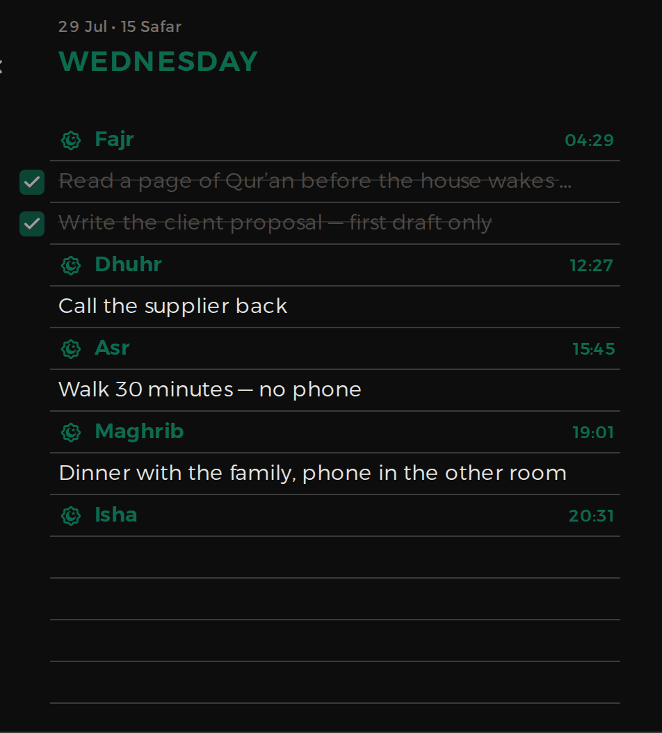 A day in dark mode on the emerald theme