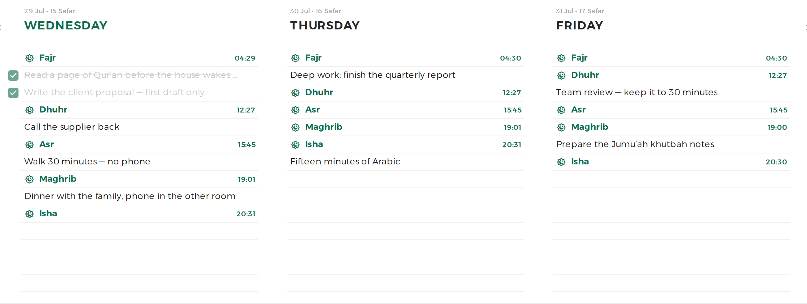 Three days of a Munazzim week side by side, each task written between the prayer times