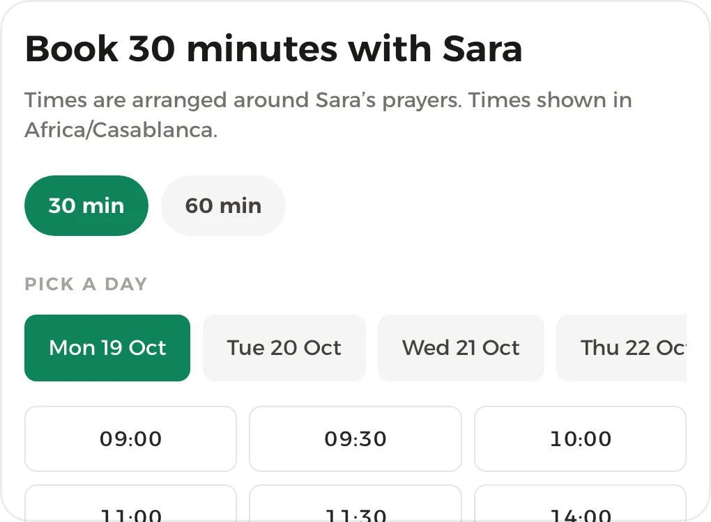 The booking page: slots outside the prayers