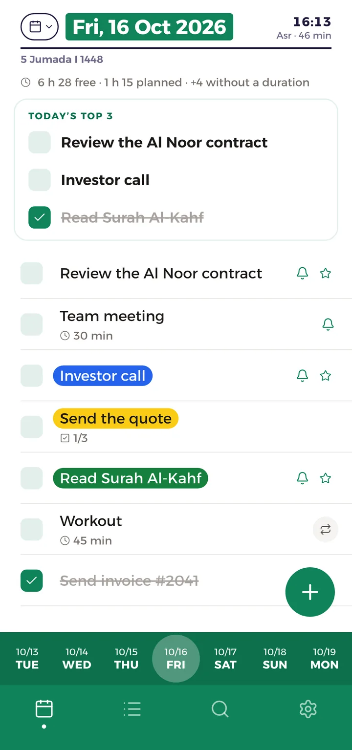 The day page on the phone: Asr in 46 min, 6 h 28 free, today’s top 3 and the day’s tasks
