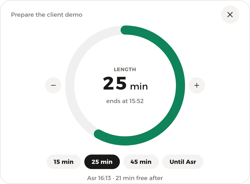 The 25-minute Focus timer, ending before Asr