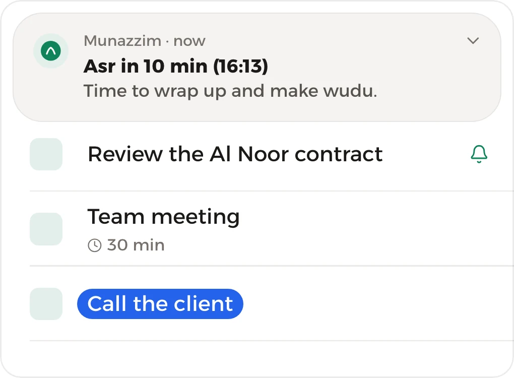 The “Asr in 10 min” notification above the day’s tasks