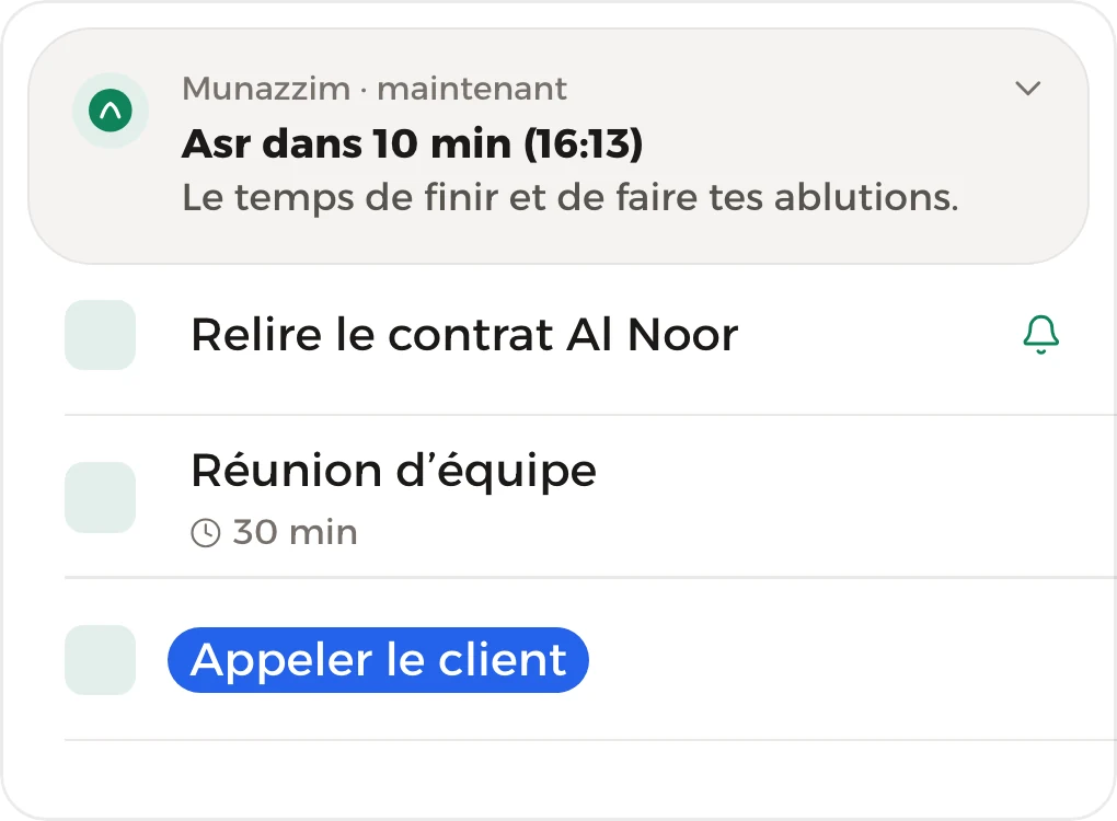 La notification « Asr dans 10 min » au-dessus des tâches du jour