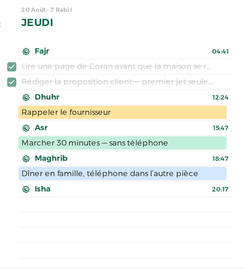 Une journée où trois tâches portent chacune une couleur de ligne discrète