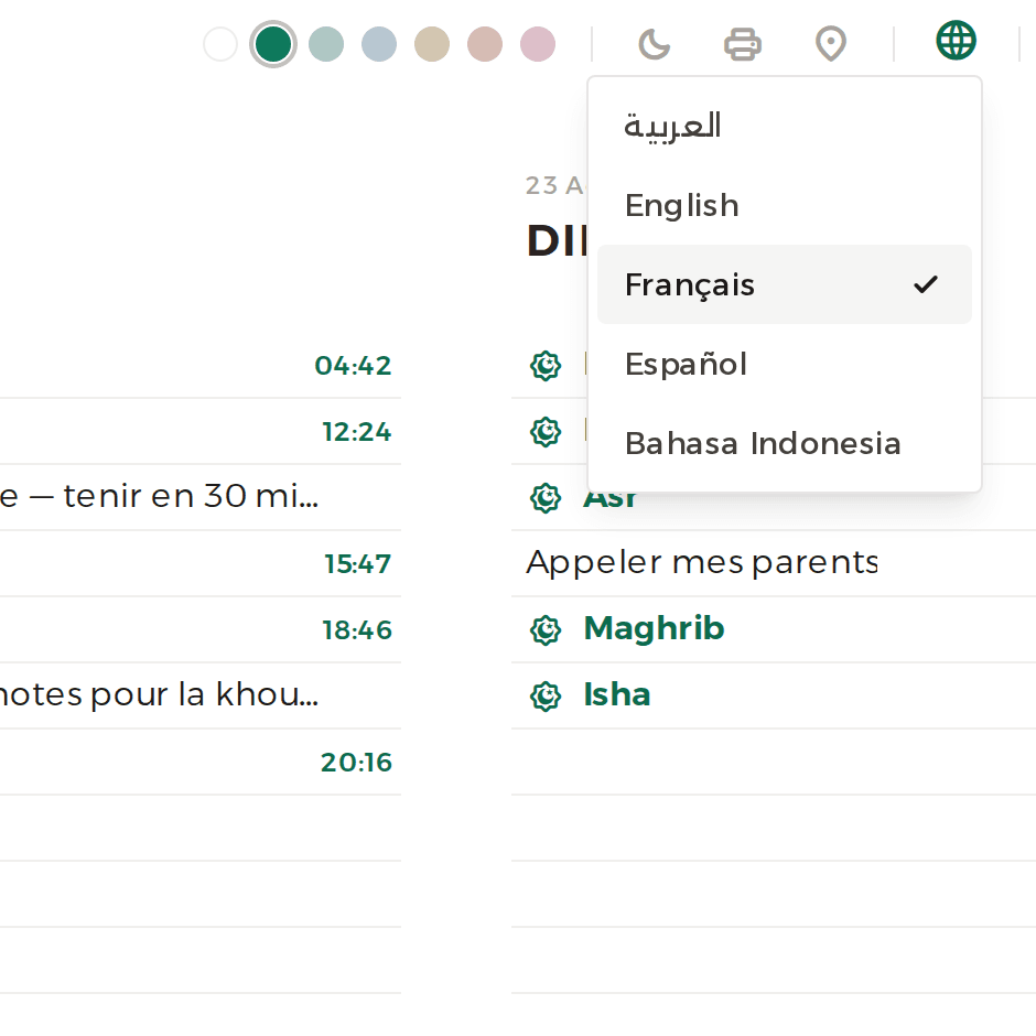 Le menu de langues de l’application, ouvert sur les cinq langues