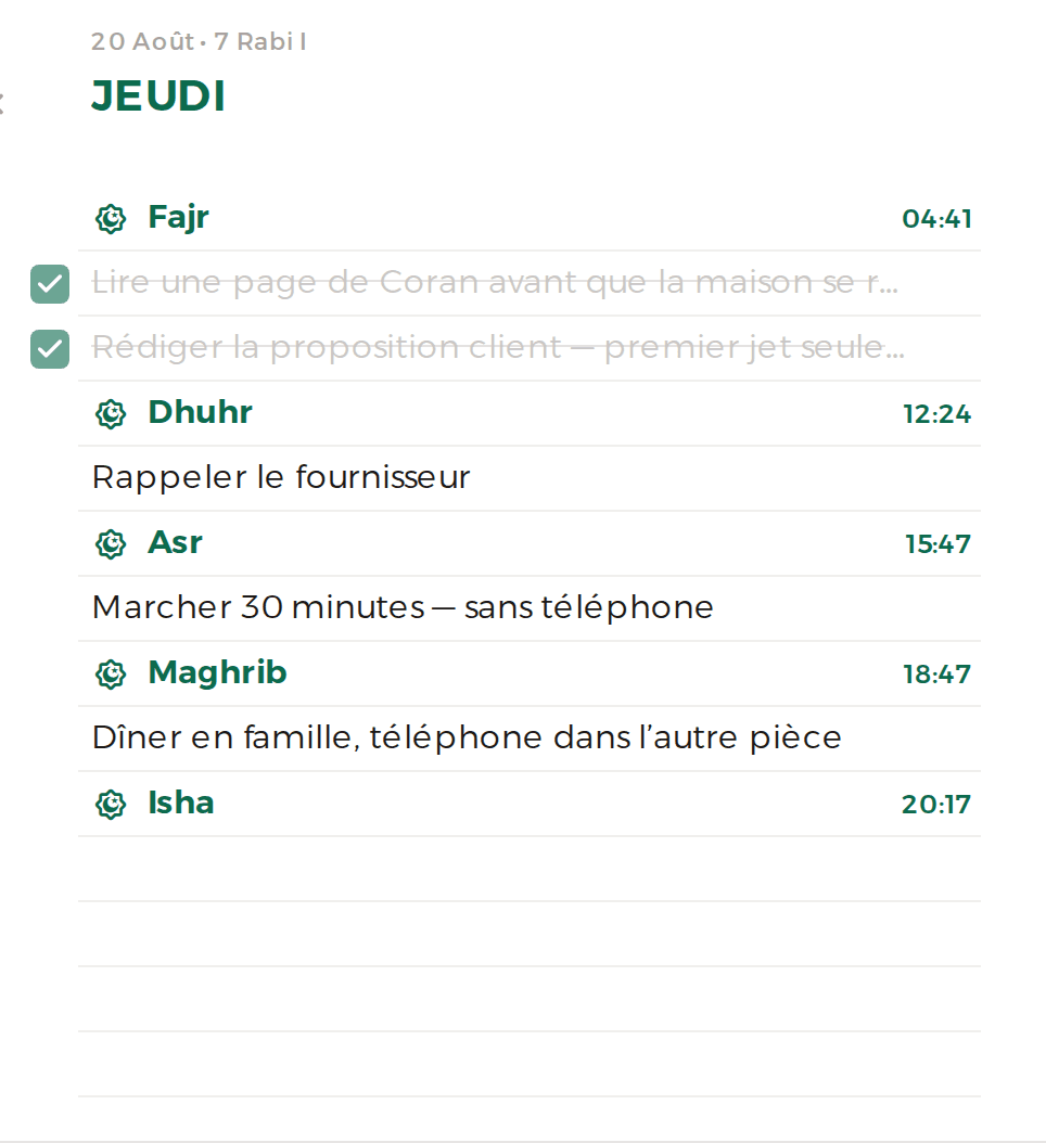 Une journée avec ses tâches placées entre Fajr, Dhuhr, Asr, Maghrib et Isha