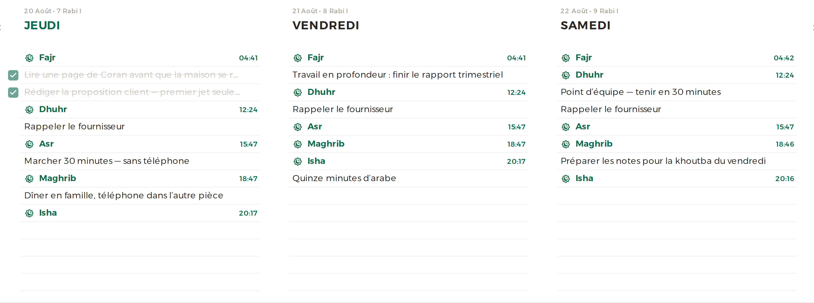 La même tâche récurrente, présente sur trois journées consécutives