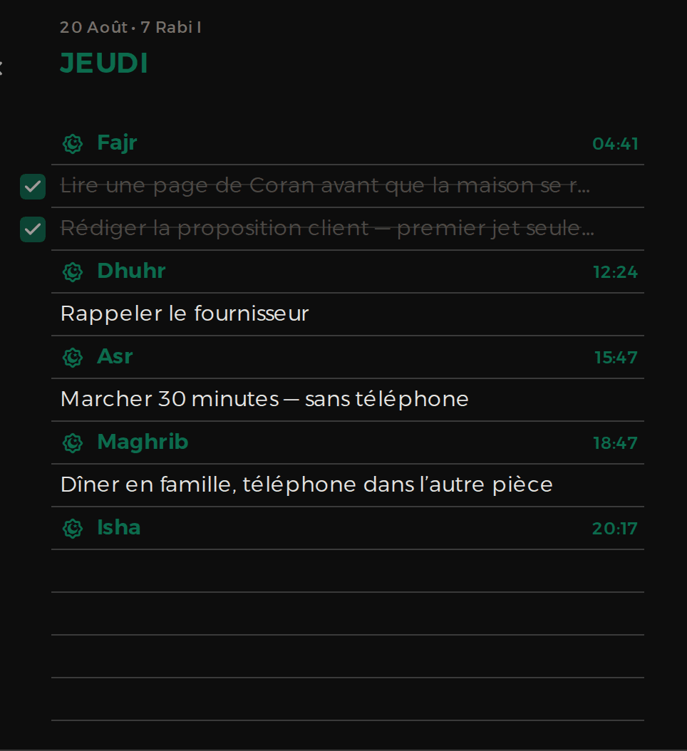 Une journée en mode sombre, les lignes du cahier et les repères de prière dans la couleur choisie