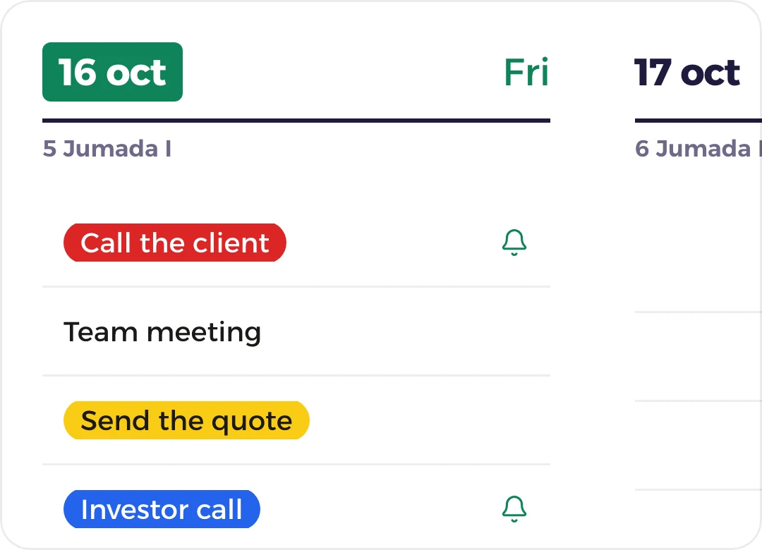 The week on munazzim.app, the tasks in colour